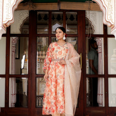 Cream Organza Floral Embroidered Anarkali & Handwork belt with solid bottom & embroidered organza dupatta set