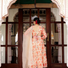 Cream Organza Floral Embroidered Anarkali & Handwork belt with solid bottom & embroidered organza dupatta set
