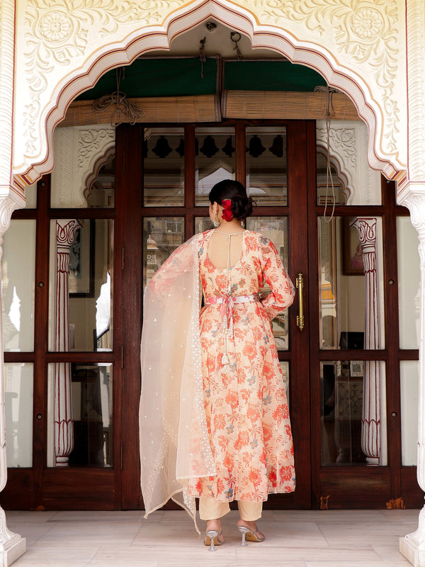Cream Organza Floral Embroidered Anarkali & Handwork belt with solid bottom & embroidered organza dupatta set