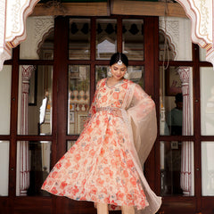 Cream Organza Floral Embroidered Anarkali & Handwork belt with solid bottom & embroidered organza dupatta set