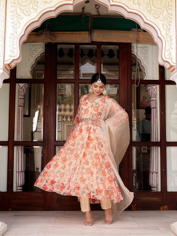 Cream Organza Floral Embroidered Anarkali & Handwork belt with solid bottom & embroidered organza dupatta set