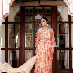 Cream Organza Floral Embroidered Anarkali & Handwork belt with solid bottom & embroidered organza dupatta set