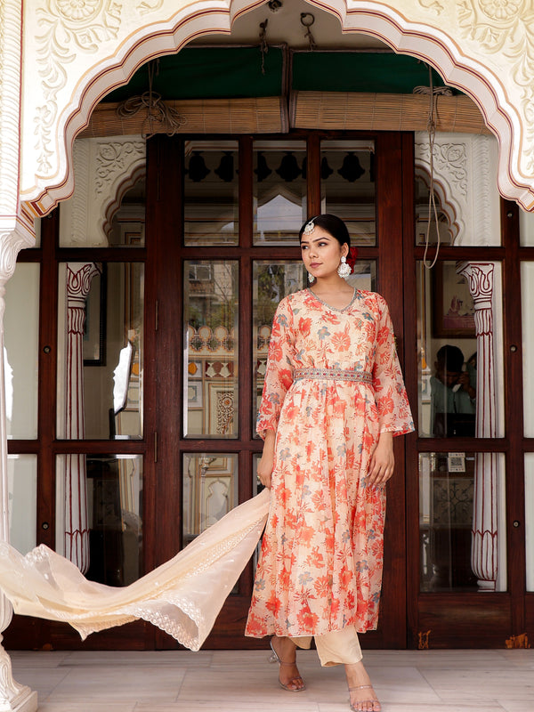 Cream Organza Floral Embroidered Anarkali & Handwork belt with solid bottom & embroidered organza dupatta set
