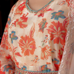 Cream Organza Floral Embroidered Anarkali & Handwork belt with solid bottom & embroidered organza dupatta set