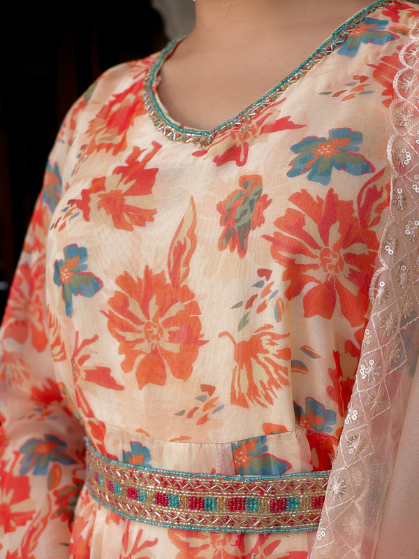 Cream Organza Floral Embroidered Anarkali & Handwork belt with solid bottom & embroidered organza dupatta set