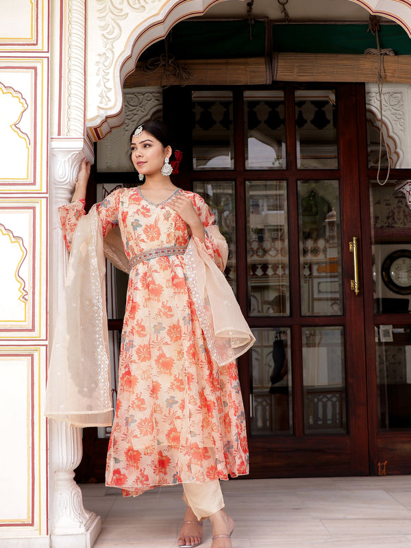 Cream Organza Floral Embroidered Anarkali & Handwork belt with solid bottom & embroidered organza dupatta set