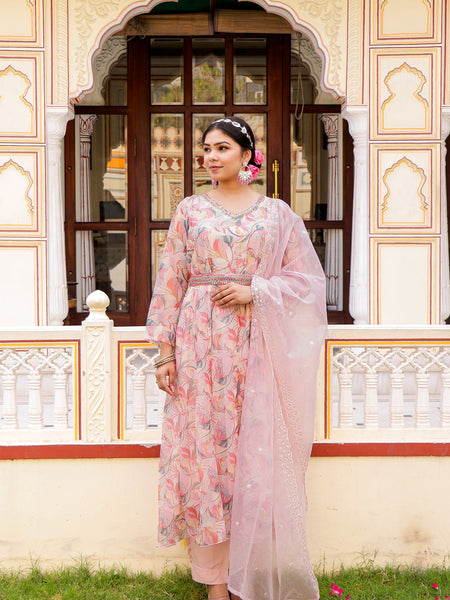 White Floral multi colour Embroidered Anarkali & Handwork belt with solid bottom & embroidered organza dupatta set