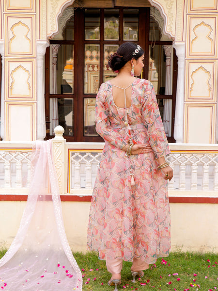 White Floral multi colour Embroidered Anarkali & Handwork belt with solid bottom & embroidered organza dupatta set