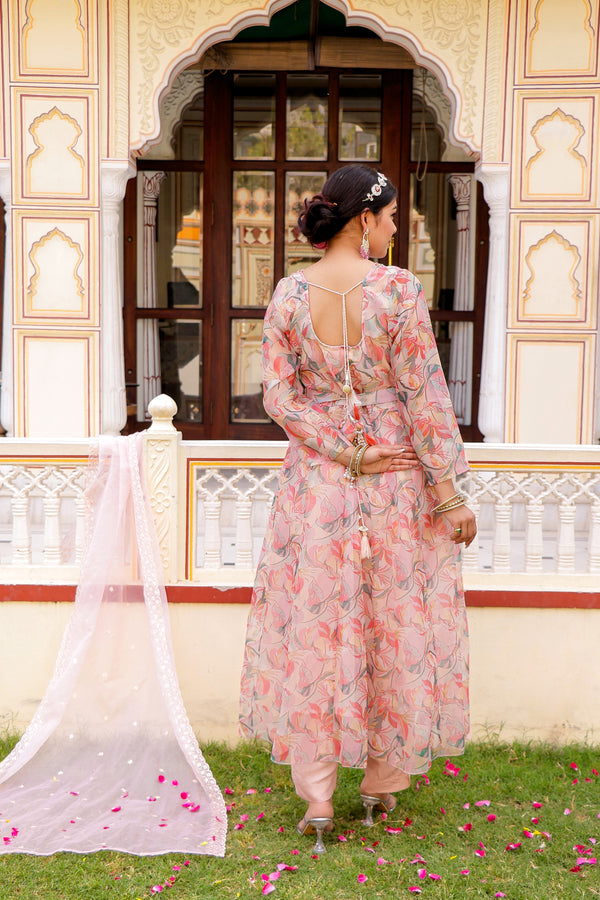 White Floral multi colour Embroidered Anarkali & Handwork belt with solid bottom & embroidered organza dupatta set