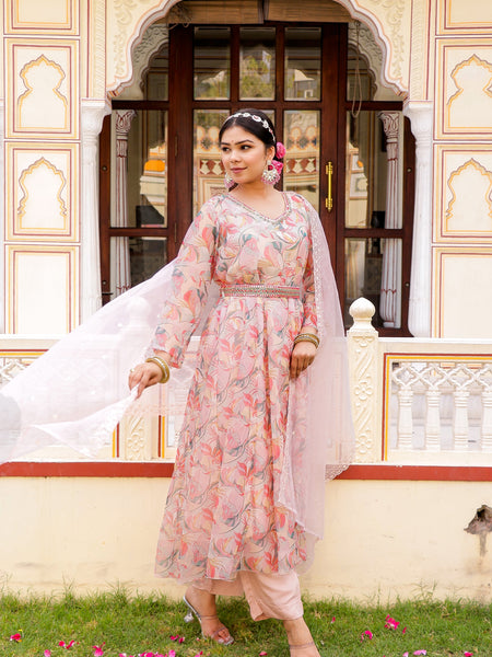White Floral multi colour Embroidered Anarkali & Handwork belt with solid bottom & embroidered organza dupatta set