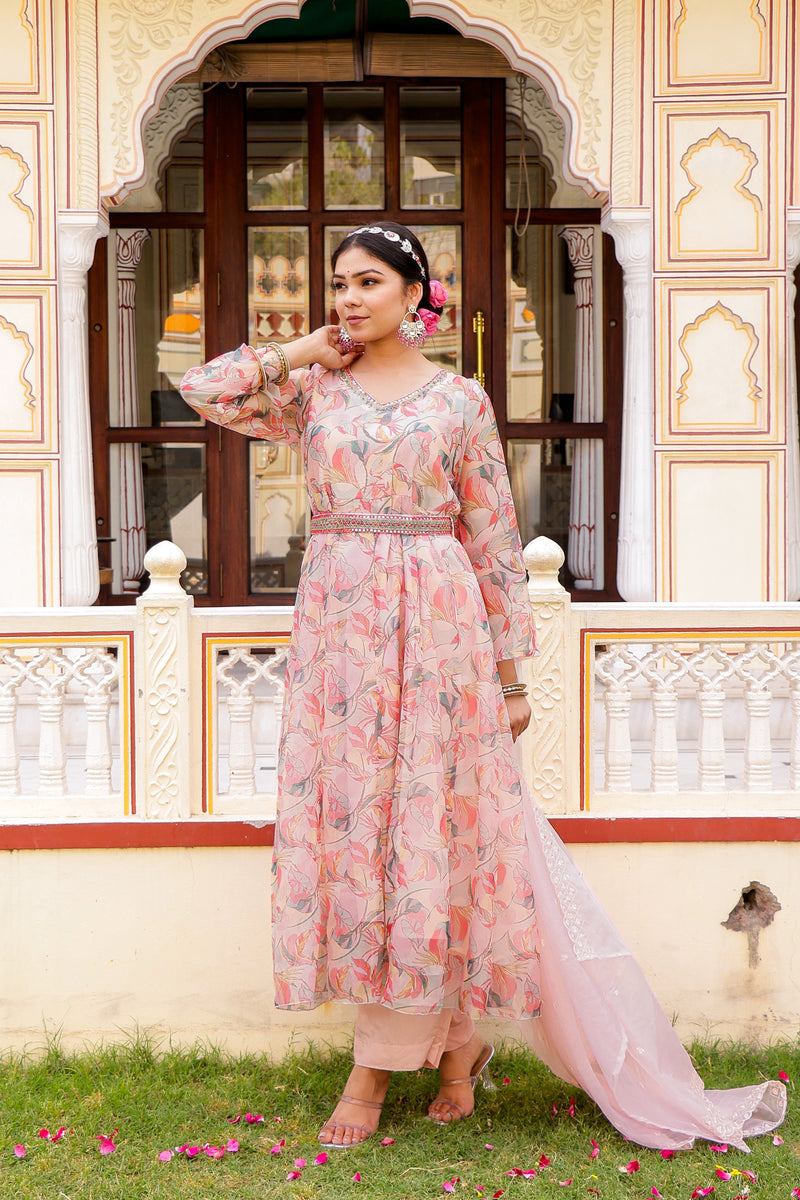 White Floral multi colour Embroidered Anarkali & Handwork belt with solid bottom & embroidered organza dupatta set