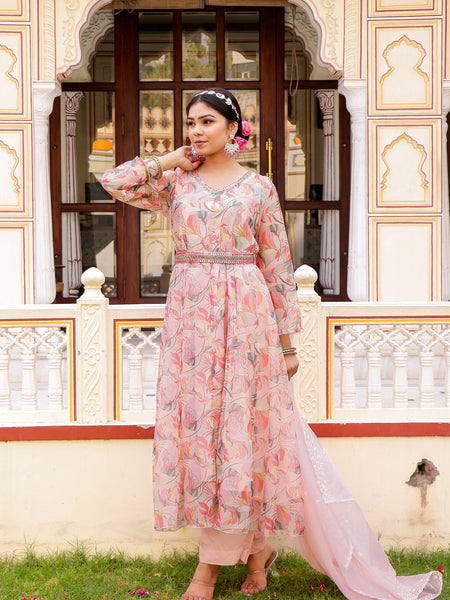 White Floral multi colour Embroidered Anarkali & Handwork belt with solid bottom & embroidered organza dupatta set