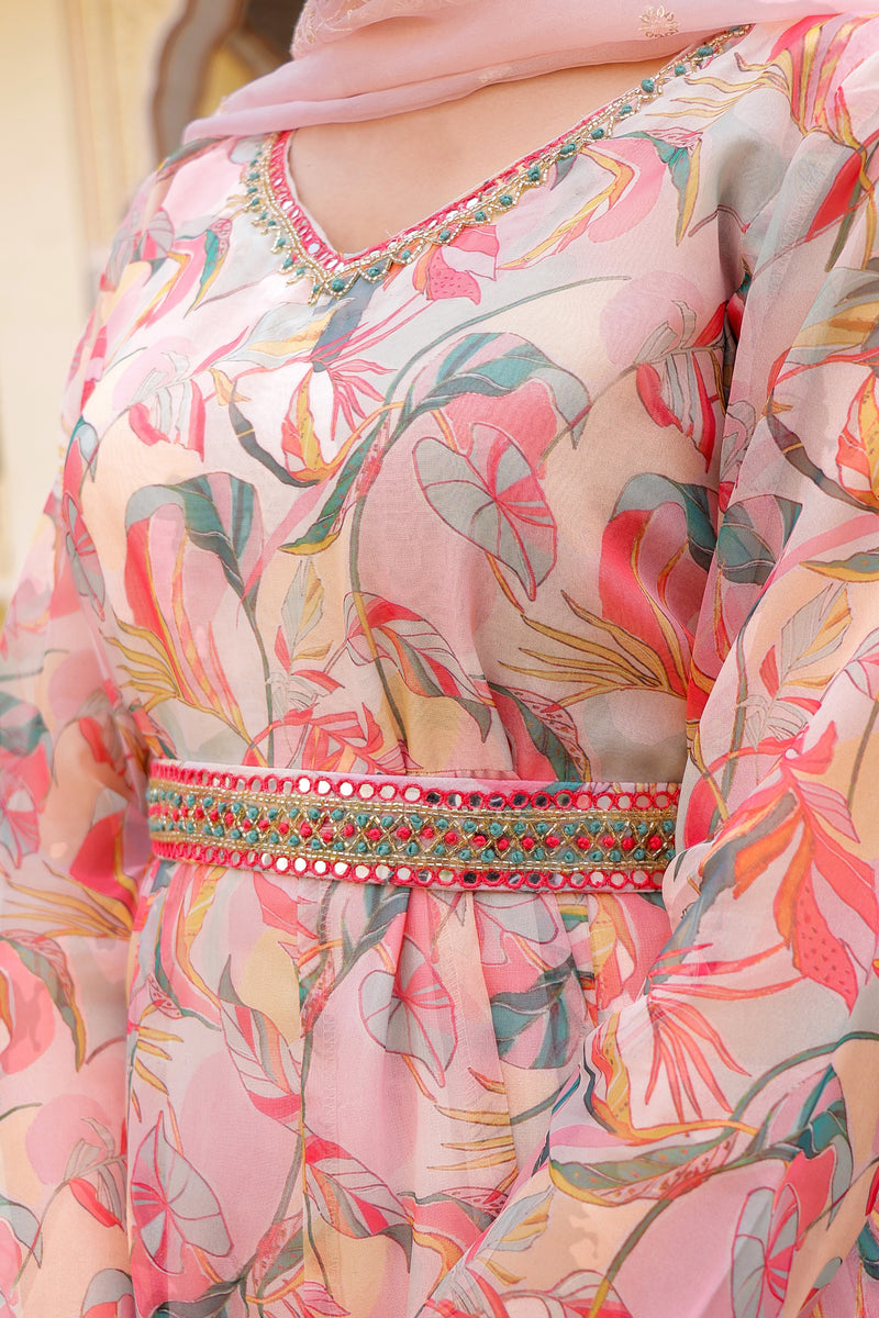 White Floral multi colour Embroidered Anarkali & Handwork belt with solid bottom & embroidered organza dupatta set