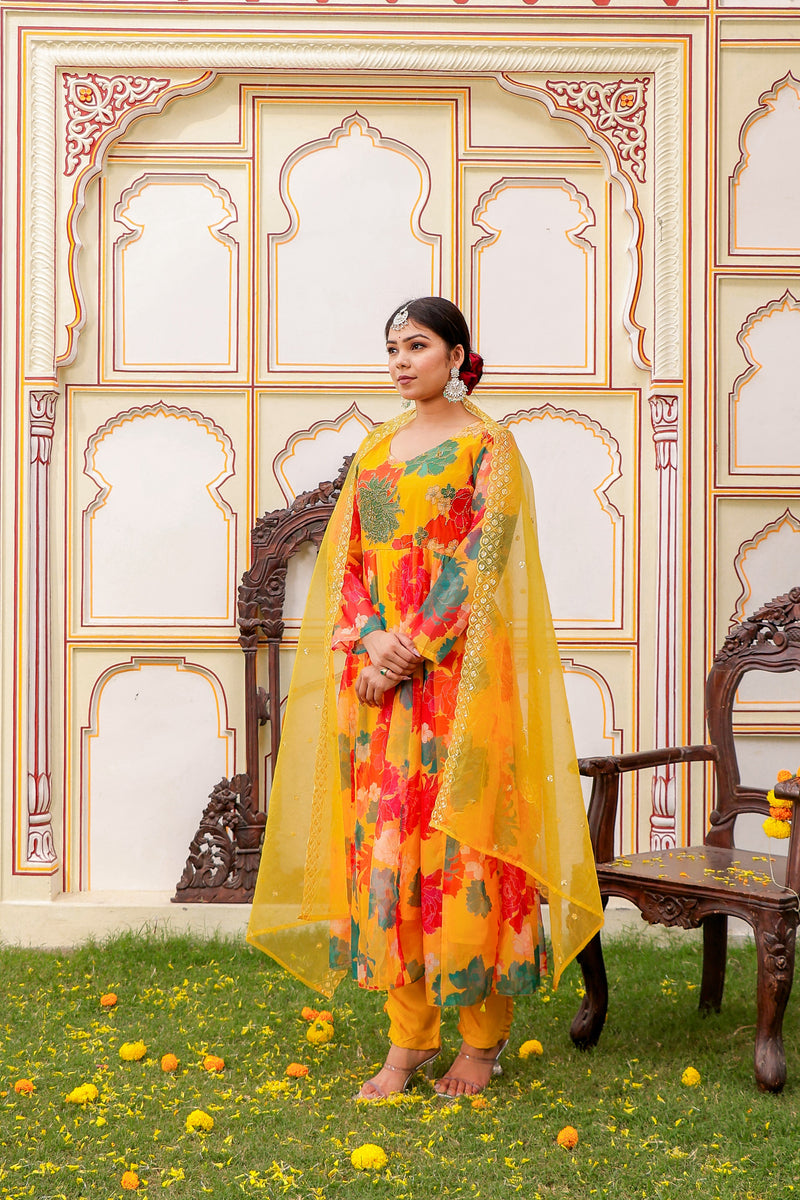 Mustard Multi Floral Embroidered Anarkali & Handwork yoke with solid bottom & embroidered organza dupatta set