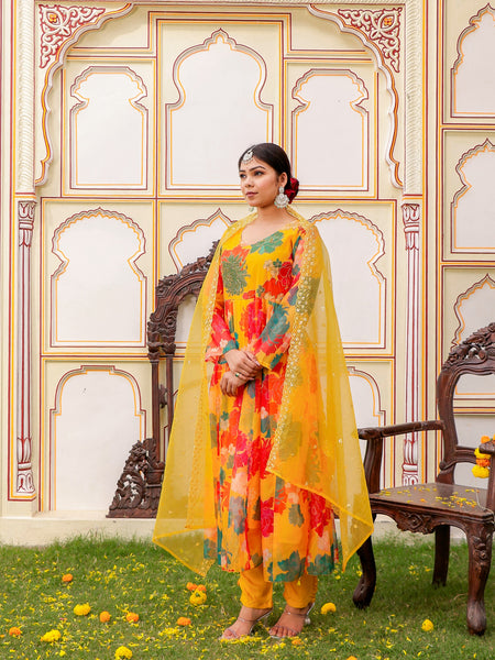 Mustard Multi Floral Embroidered Anarkali & Handwork yoke with solid bottom & embroidered organza dupatta set