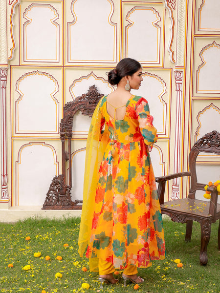 Mustard Multi Floral Embroidered Anarkali & Handwork yoke with solid bottom & embroidered organza dupatta set