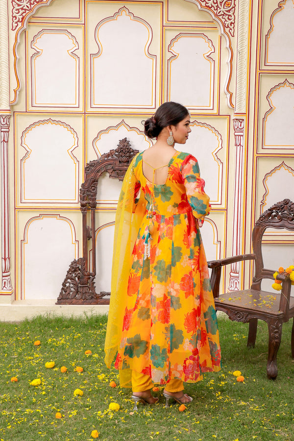 Mustard Multi Floral Embroidered Anarkali & Handwork yoke with solid bottom & embroidered organza dupatta set