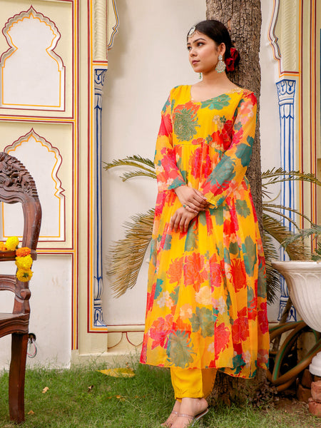 Mustard Multi Floral Embroidered Anarkali & Handwork yoke with solid bottom & embroidered organza dupatta set
