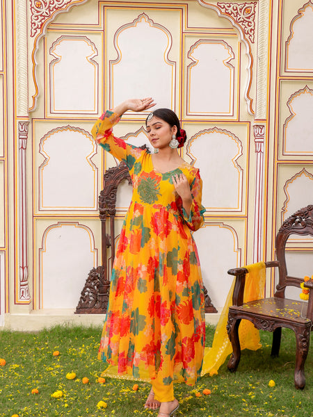 Mustard Multi Floral Embroidered Anarkali & Handwork yoke with solid bottom & embroidered organza dupatta set