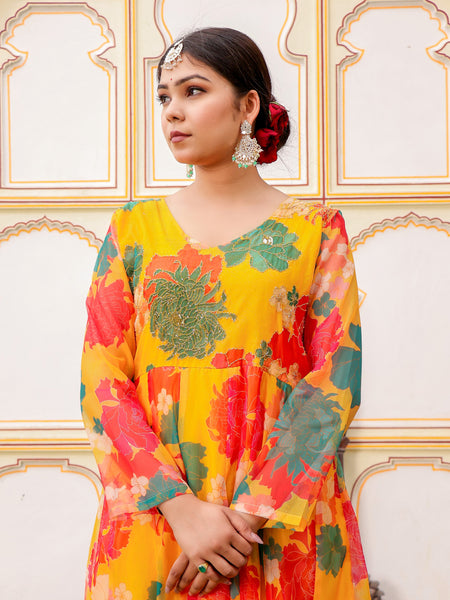 Mustard Multi Floral Embroidered Anarkali & Handwork yoke with solid bottom & embroidered organza dupatta set