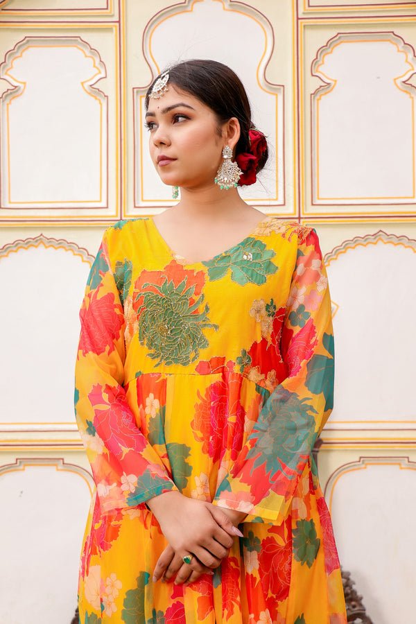 Mustard Multi Floral Embroidered Anarkali & Handwork yoke with solid bottom & embroidered organza dupatta set
