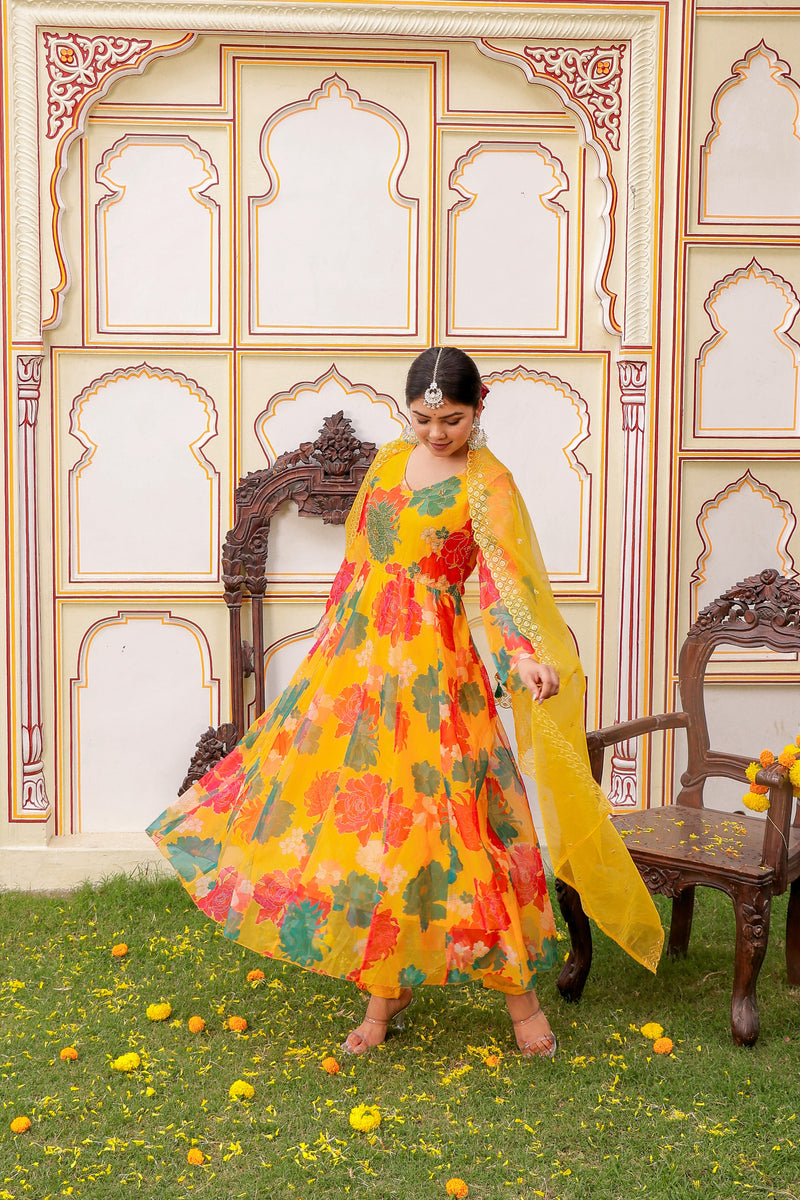 Mustard Multi Floral Embroidered Anarkali & Handwork yoke with solid bottom & embroidered organza dupatta set