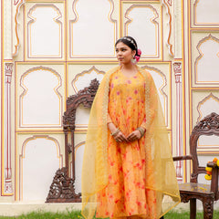 MUSTARD Floral Embroidered Anarkali & Handwork yoke with solid bottom & embroidered organza dupatta set