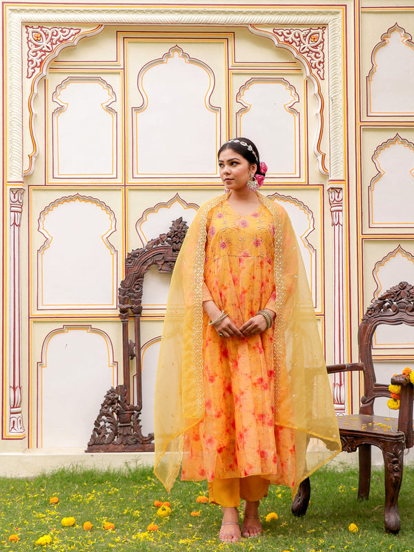 MUSTARD Floral Embroidered Anarkali & Handwork yoke with solid bottom & embroidered organza dupatta set