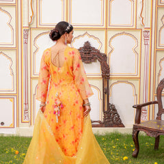 MUSTARD Floral Embroidered Anarkali & Handwork yoke with solid bottom & embroidered organza dupatta set