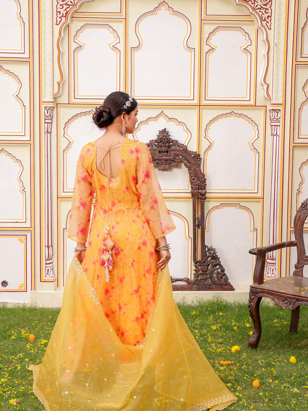 MUSTARD Floral Embroidered Anarkali & Handwork yoke with solid bottom & embroidered organza dupatta set