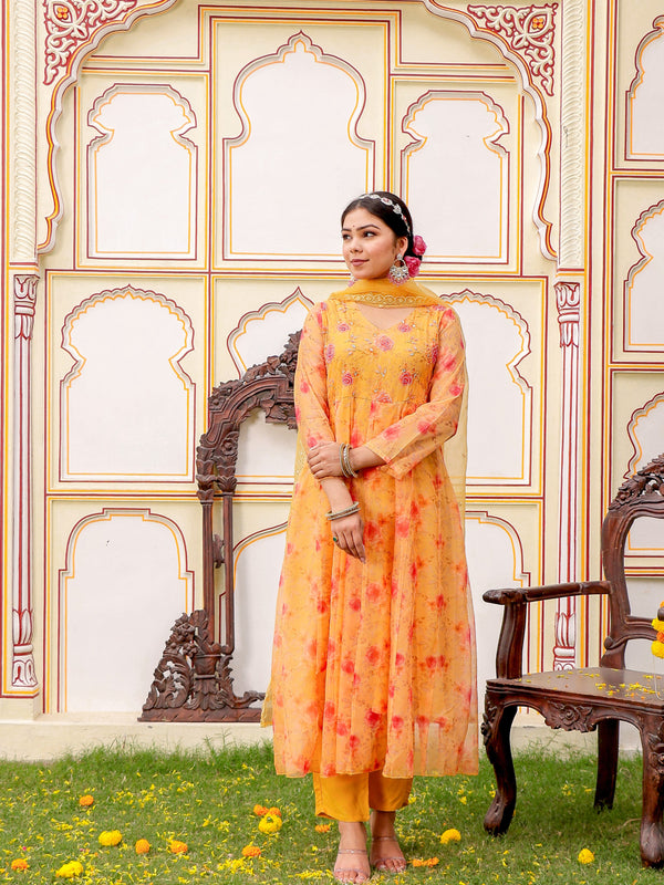 MUSTARD Floral Embroidered Anarkali & Handwork yoke with solid bottom & embroidered organza dupatta set
