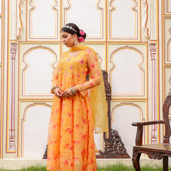 MUSTARD Floral Embroidered Anarkali & Handwork yoke with solid bottom & embroidered organza dupatta set