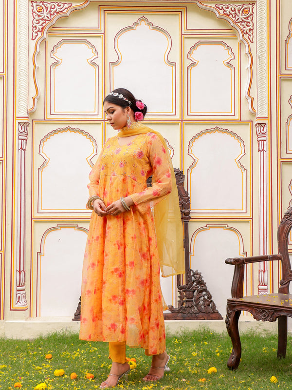 MUSTARD Floral Embroidered Anarkali & Handwork yoke with solid bottom & embroidered organza dupatta set