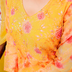 MUSTARD Floral Embroidered Anarkali & Handwork yoke with solid bottom & embroidered organza dupatta set