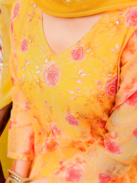 MUSTARD Floral Embroidered Anarkali & Handwork yoke with solid bottom & embroidered organza dupatta set