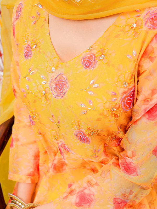 MUSTARD Floral Embroidered Anarkali & Handwork yoke with solid bottom & embroidered organza dupatta set