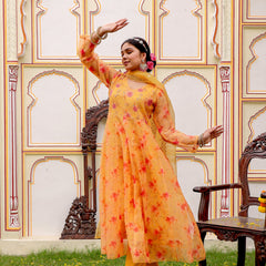 MUSTARD Floral Embroidered Anarkali & Handwork yoke with solid bottom & embroidered organza dupatta set