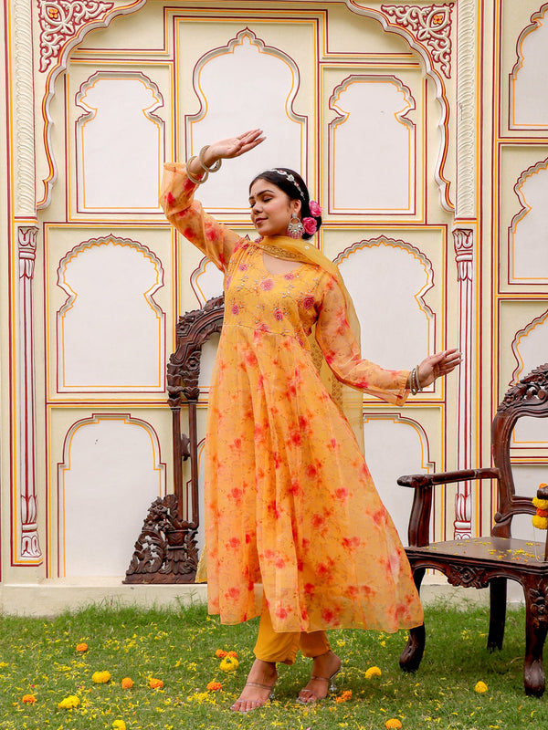 MUSTARD Floral Embroidered Anarkali & Handwork yoke with solid bottom & embroidered organza dupatta set
