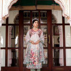 Maroon Floral printed Alia suit set with printed lace solid bottom & printed organza dupatta set