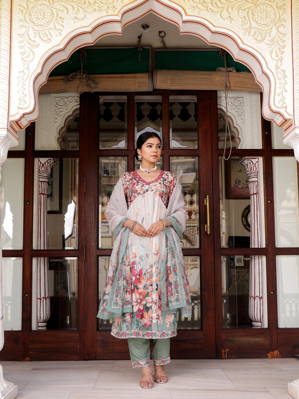 Maroon Floral printed Alia suit set with printed lace solid bottom & printed organza dupatta set