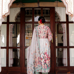 Maroon Floral printed Alia suit set with printed lace solid bottom & printed organza dupatta set