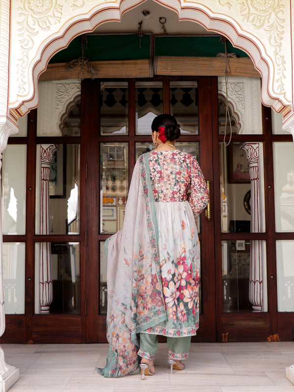 Maroon Floral printed Alia suit set with printed lace solid bottom & printed organza dupatta set