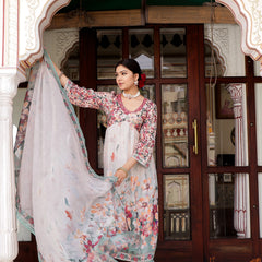 Maroon Floral printed Alia suit set with printed lace solid bottom & printed organza dupatta set