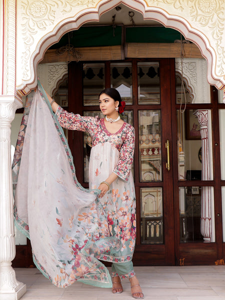 Maroon Floral printed Alia suit set with printed lace solid bottom & printed organza dupatta set