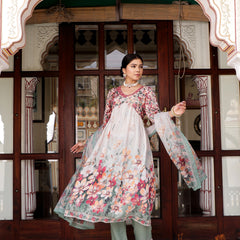 Maroon Floral printed Alia suit set with printed lace solid bottom & printed organza dupatta set