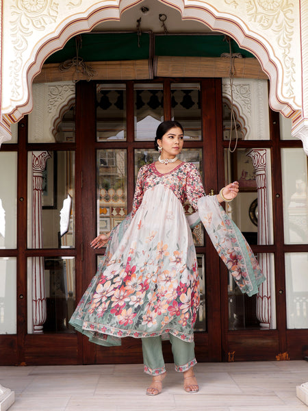 Maroon Floral printed Alia suit set with printed lace solid bottom & printed organza dupatta set