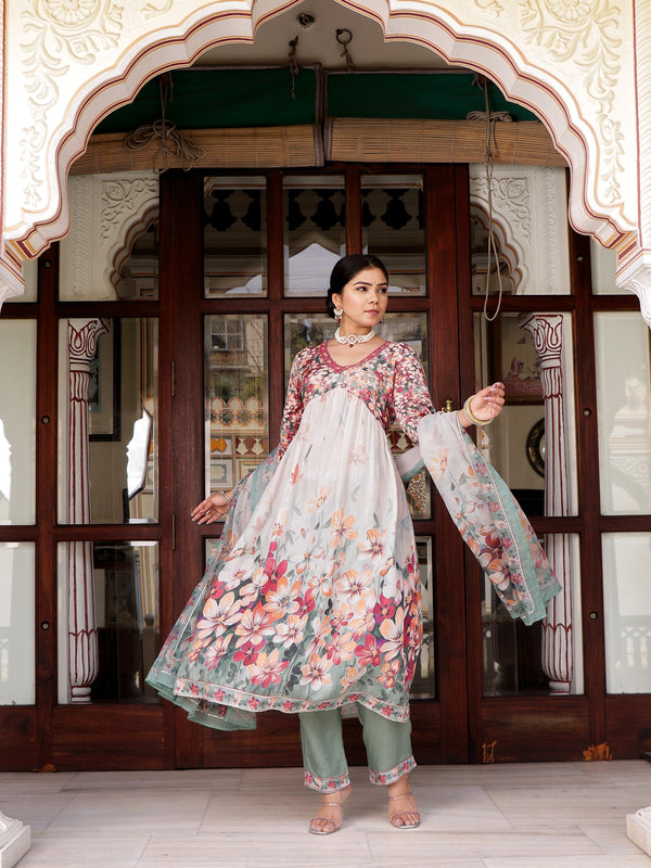 Maroon Floral printed Alia suit set with printed lace solid bottom & printed organza dupatta set