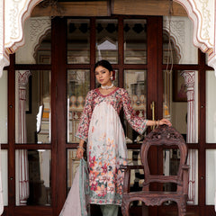 Maroon Floral printed Alia suit set with printed lace solid bottom & printed organza dupatta set