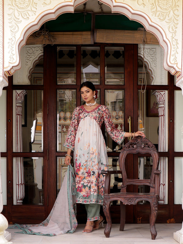 Maroon Floral printed Alia suit set with printed lace solid bottom & printed organza dupatta set