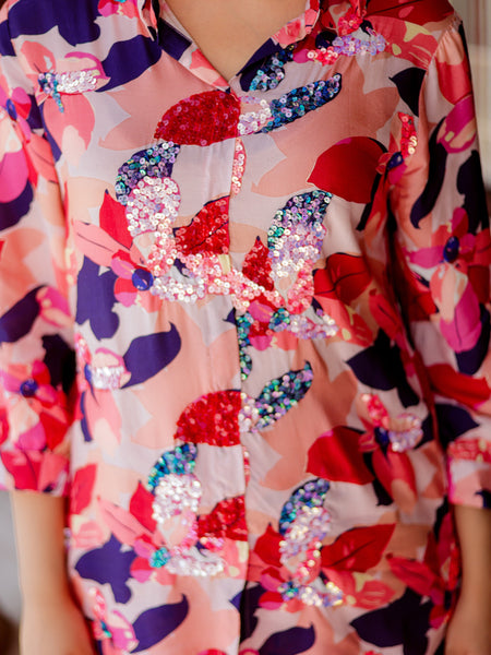 Multi colour co-ord  set with sequence work on front & printed  bottom.
